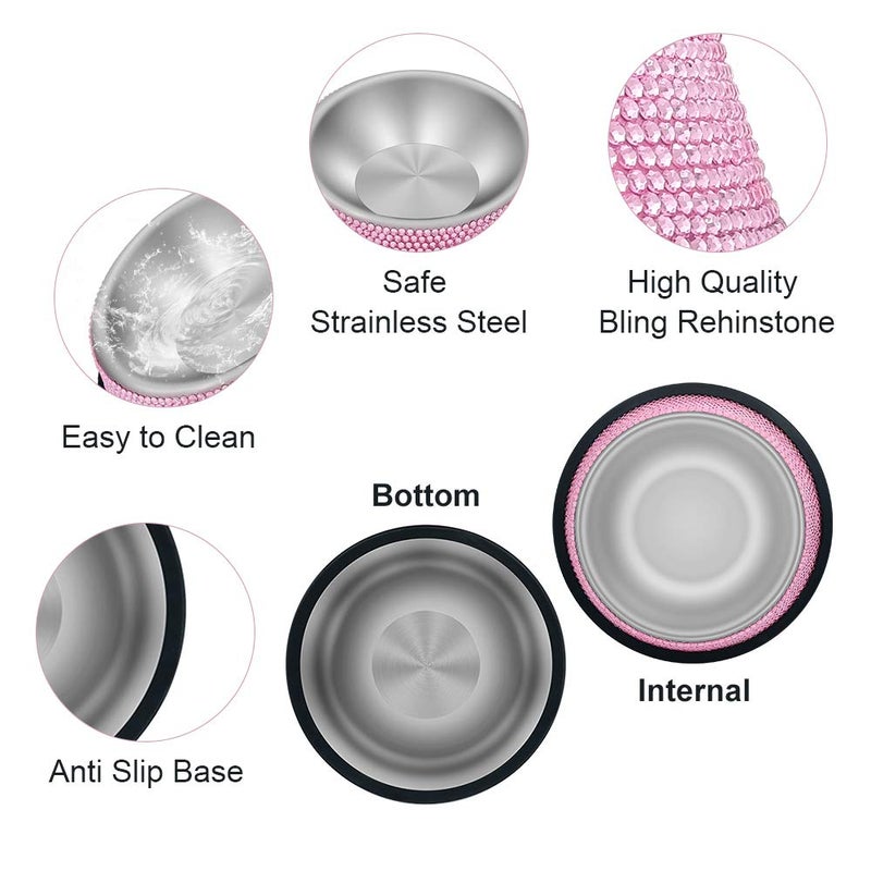 Triumilynn Rhinestone Cat Bowls Rhinestone Dog Bowls, Pink Cat Food Bowl Pink Bling Dog Bowl Stainless Steel for Small Pets Food Water Dishes-2 Pack - Image 2